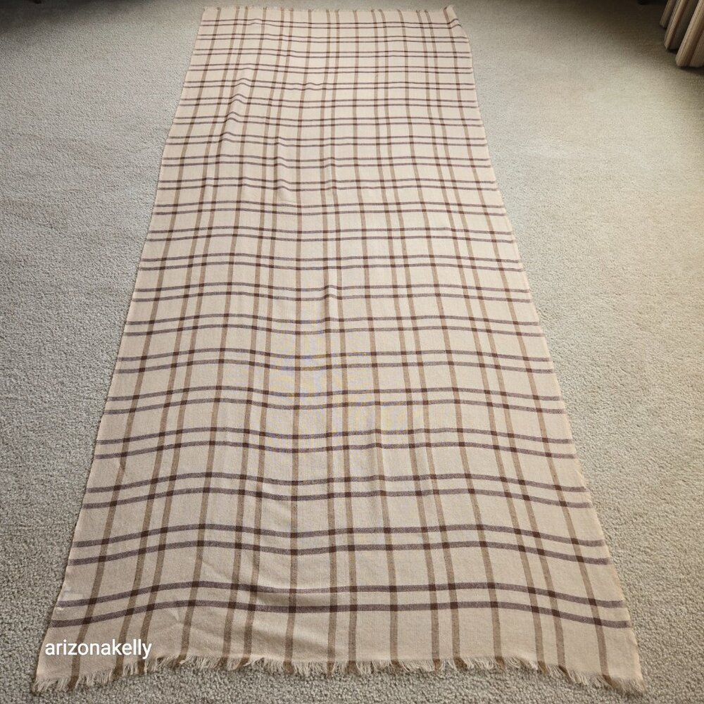NWOT 100% Merino Wool Woven Tan Plaid Scarf Wrap Lightweight Variously - Picture 4 of 10